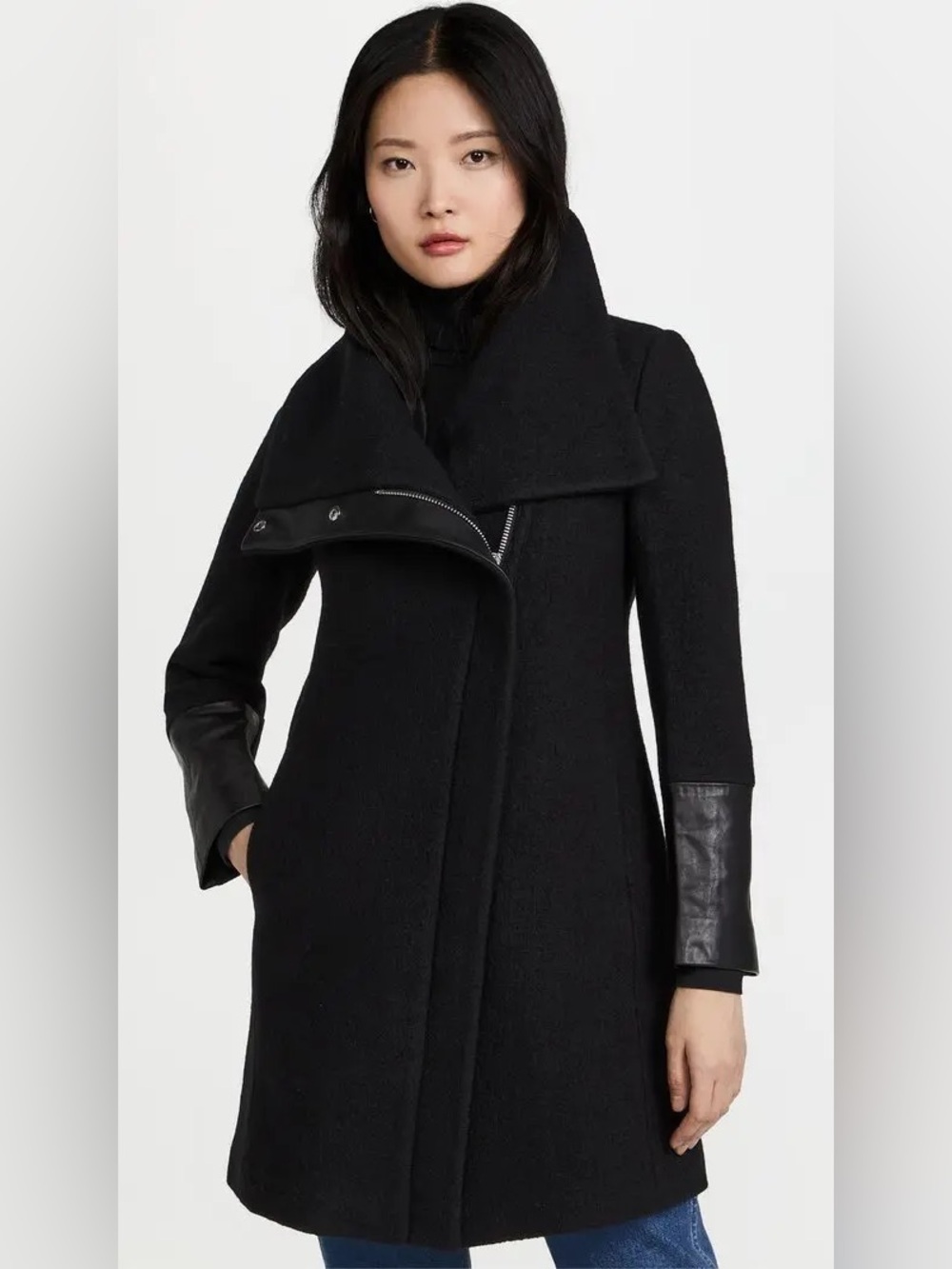 Club Monaco Halli Wool Coat Leather Trim Moto Black Italian Wool Size Medium